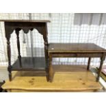 Two carved oak early 20th century tables and a two tier table. Tallest H:67cm