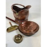 Fire items, coal scuttle, warming pan also with a shop bells etc.