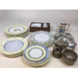 A box of mixed ceramics including Royal Doulton Carmina dinner service and a Japanese tea service