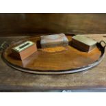 A Georgian inlaid shell tray (a.f) also with draught pieces in a copper tin, plastic counters in a