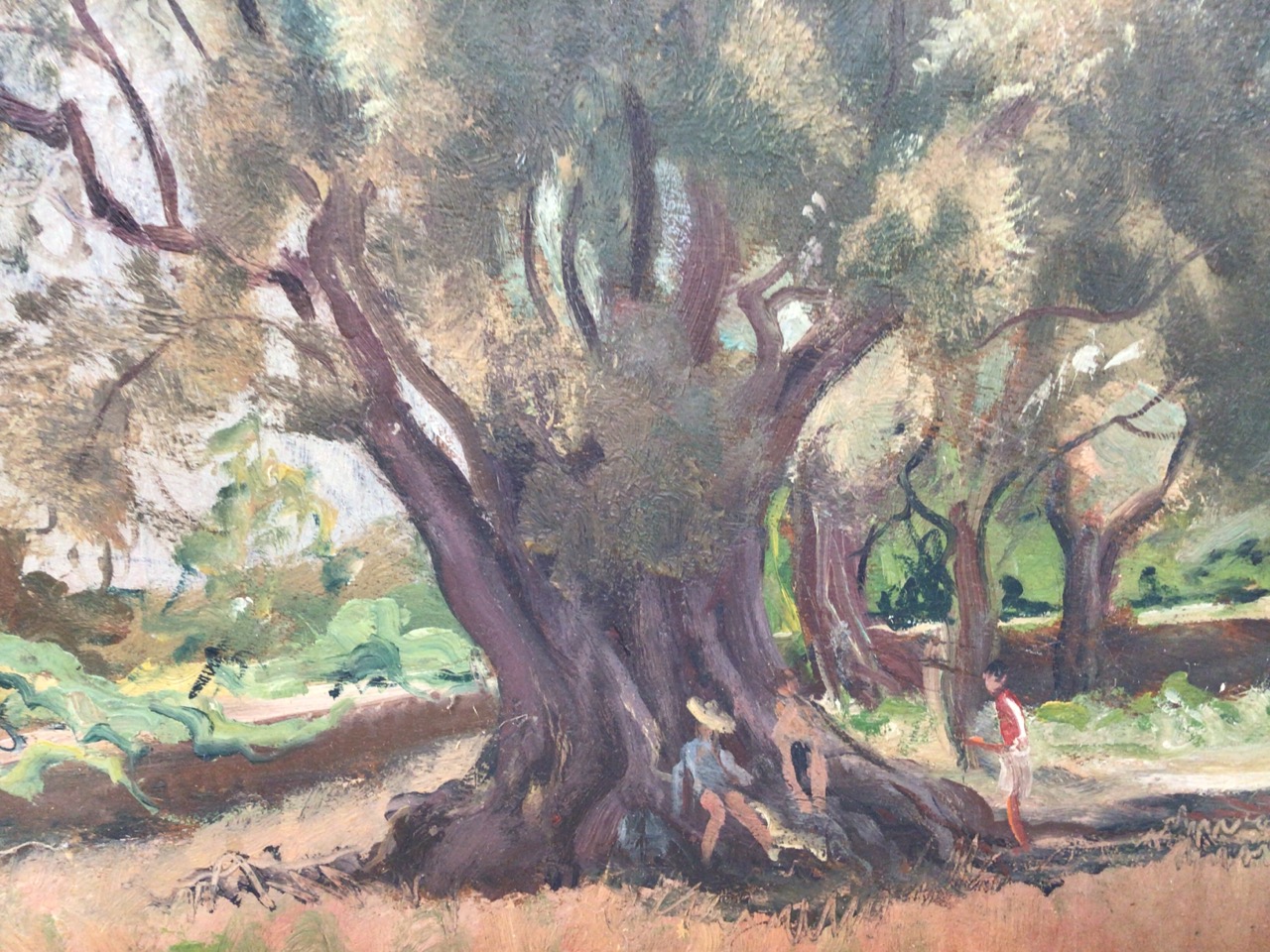 Hal Woolf (British 1902-1962) Study of a tree and people. Oil on board, signed bottom right. W: - Image 2 of 5