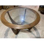 A G Plan circular table with inset glass top. W:84cm x D:84cm x H:47cm