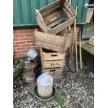 Four vintage fruit crates various garden tools with metal buckets etc.