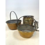 Two large antique brass jam preserve pans also with a brass hammered jardinaire, pewter tankard etc.