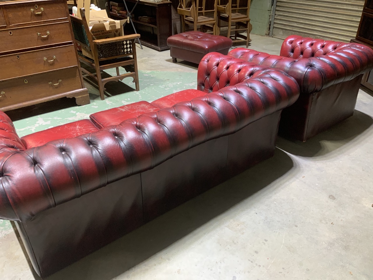 An ox blood red leather button back three seater chesterfield sofa also with an armchair. W:200cm - Image 5 of 5