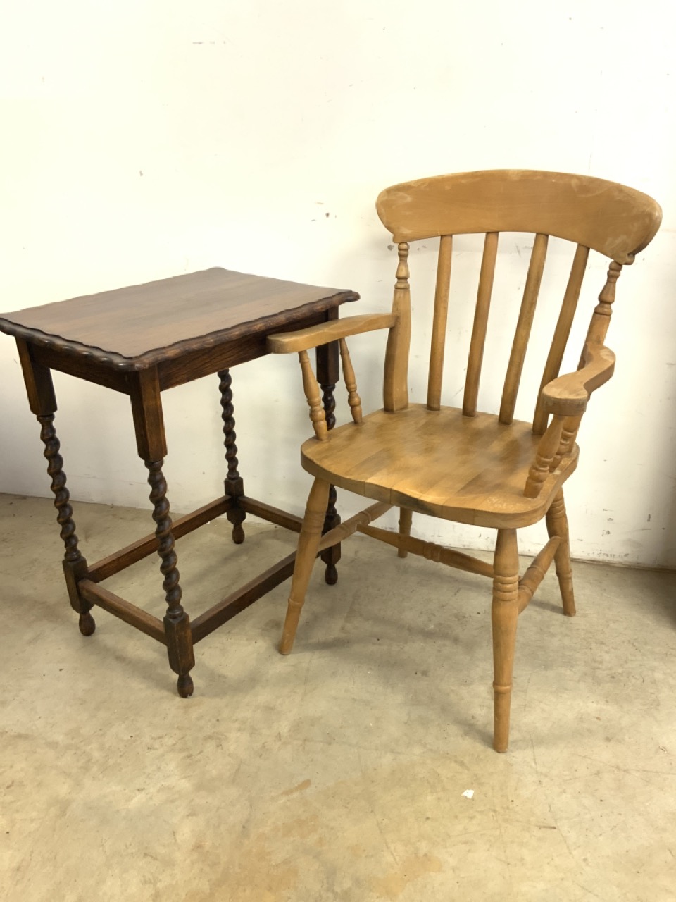 A hardwood smorkers bow style slat back chair also with an early 20th century barley twist table.