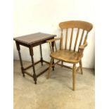 A hardwood smorkers bow style slat back chair also with an early 20th century barley twist table.