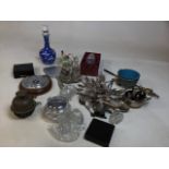 A quantity of silver plated cutlery and other glass and plated items, an elephant bell and others