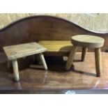 An elm 20th century milking stool also a four legged stool and a later oak stool. Milking stool H: