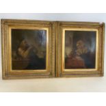 A Pair of antique gesso frames with printed canvas pictures., W:49cm x H:56cm