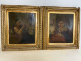 A Pair of antique gesso frames with printed canvas pictures., W:49cm x H:56cm