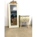 A small hand painted bedside chest with two drawers also with a cream and gilt portrait mirror.