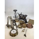 A quantity of copper, brass and iron items including scales, fire accessories and others
