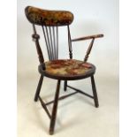 A late 19th century elm seated penny chair, stick back with upholstery fabric seat. Desirable wear