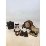 An Edwardian wooden inlaid mantle clock together with a barometer, binoculars, a students microscope
