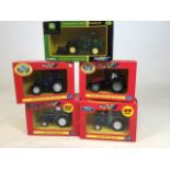 Five boxed Britains tractors1:32 John Deere 3400 Telehandler, New Holland TL80, Massey Ferguson