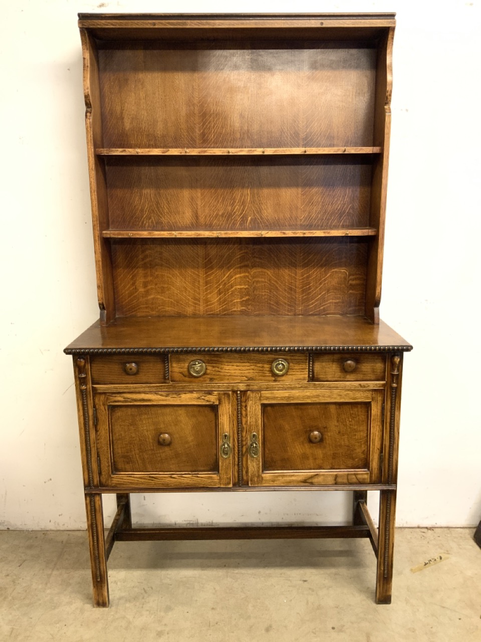 A two piece oak early 20th century dresser, base with central drawer above two cupboard, the top - Image 2 of 8