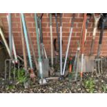 A large quantity of tools, three spades, two forks, various hoes, rakes, sheers etc.