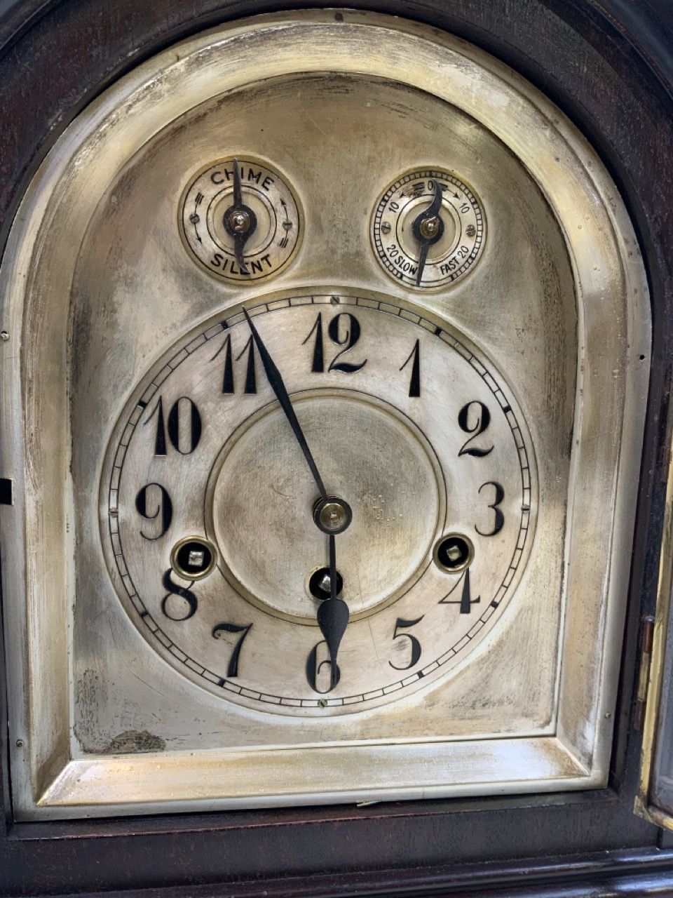 A Large wooden mantle clock marked Junghams Wurttemberg b21 inside. With silvered face. - Image 3 of 6