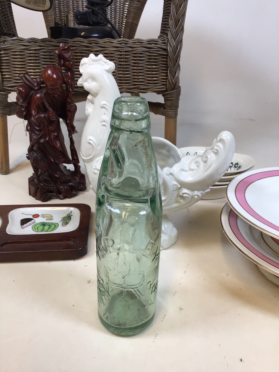 A childs wicker chair, a lamp, a Codd bottle, ceramics, a carved oriental figure - Image 3 of 4