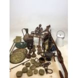 Quantity of metalware including architectural items, decorative Eastern jugs, fire irons, lamps