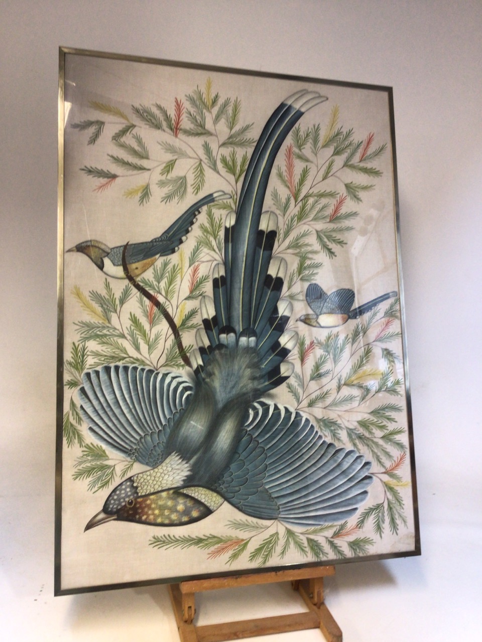 An Oriental hand painted bird on fabric in gouache, with another print W:104cm x H:104cm - Image 2 of 6