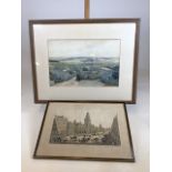 A watercolour of a landscape scene signed lower right in pencil also with a hand coloured etching of