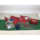 A collection of crowns, half crowns, florins, shillings and sixpence, postcards, an OXO tin and a