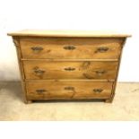 A Victorian pine chest of three drawers. W:109cm x D:52cm x H:76cm