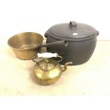 A large metal Kendrick and sons 4 .5 gallon cooking pot also with a large brass pan with iron handle