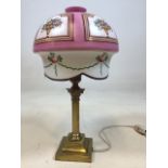 Table lamp with painted opaque glass shade and brass column base H:43cm to top of shade