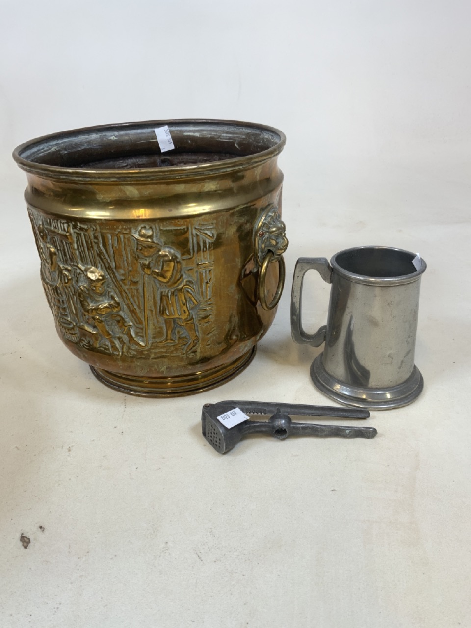 Two large antique brass jam preserve pans also with a brass hammered jardinaire, pewter tankard etc. - Image 3 of 4