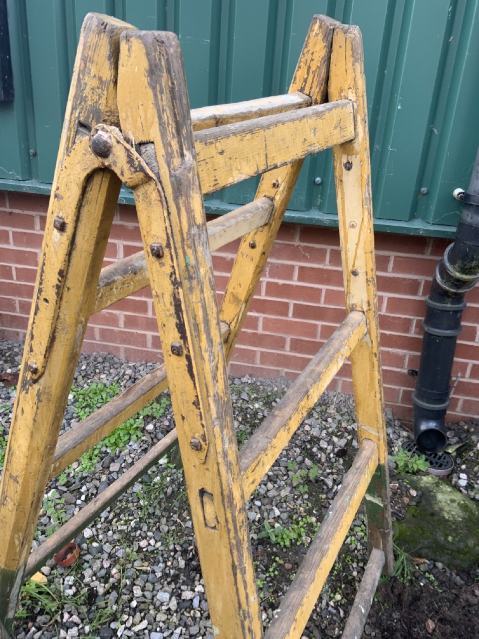 A pair of Victorian pine trestle stands with original paintwork. W:62cm x H:142cm - Image 3 of 4