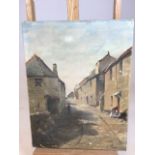 An oil on canvas of a street scene signed lower right R Adams. W:35cm x H:48cm