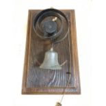 A Mounted servants bell on wooden wall plaque.