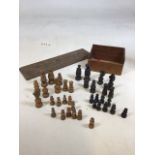 A part 19C chess set - incomplete - see photos. Tallest piece 7cm also with a cribbage board