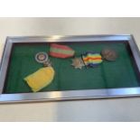 Three French medals in a small display case. W:29cm x D:2cm x H:14cm