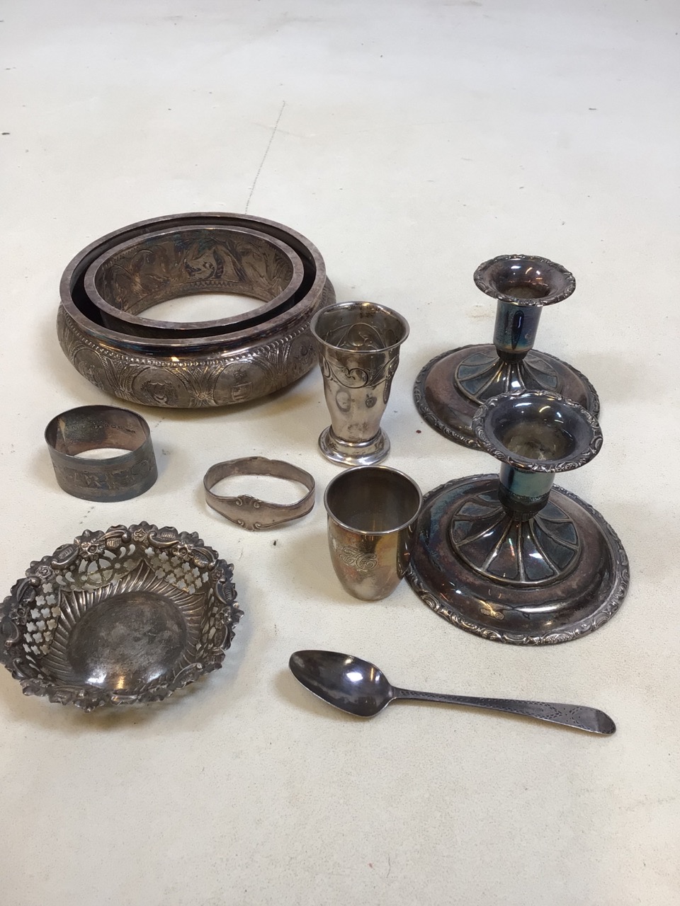 A quantity of Norwegian Silver including weighted candlesticks and a white metal ring marked with - Image 4 of 4