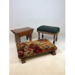 Three foot stools, two upholstered and one wood W:60cm x D:40cm x H:14cm