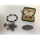 A silver marquesite bracelet and brooch and other white metal marquesite items