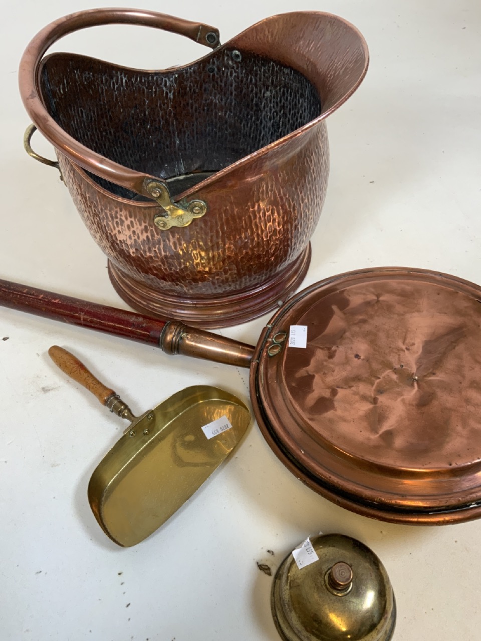 Fire items, coal scuttle, warming pan also with a shop bells etc. - Image 2 of 3