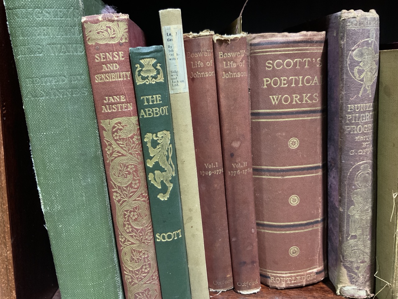 A quantity of antique books some with leather bindings - includes Jane Austen, Thackeray, Sir Walter