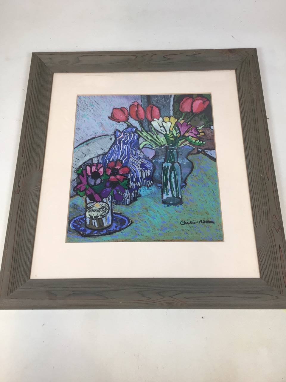 Christine McArthur - (Scottish 1953) Pastel on paper entitled Tulips, Freesia and Anemones. Signed