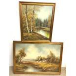 Two large contemporary oils, landscapes in gilt frames. Largest frame. W:99cm x H:70cm