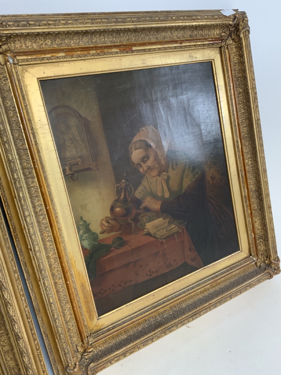 A Pair of antique gesso frames with printed canvas pictures., W:49cm x H:56cm - Image 3 of 4