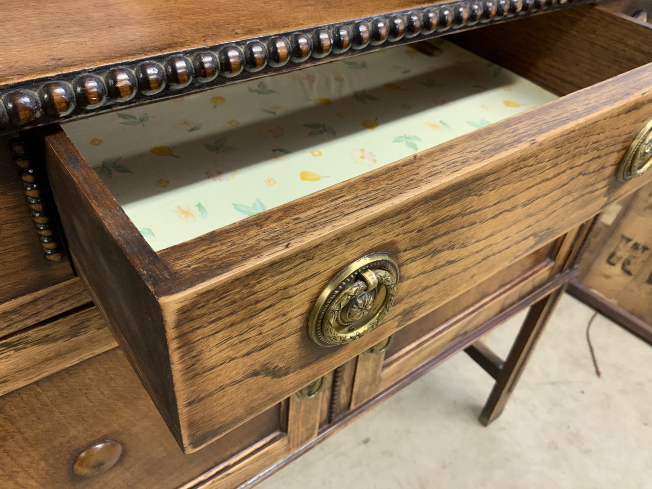 A two piece oak early 20th century dresser, base with central drawer above two cupboard, the top - Image 4 of 8