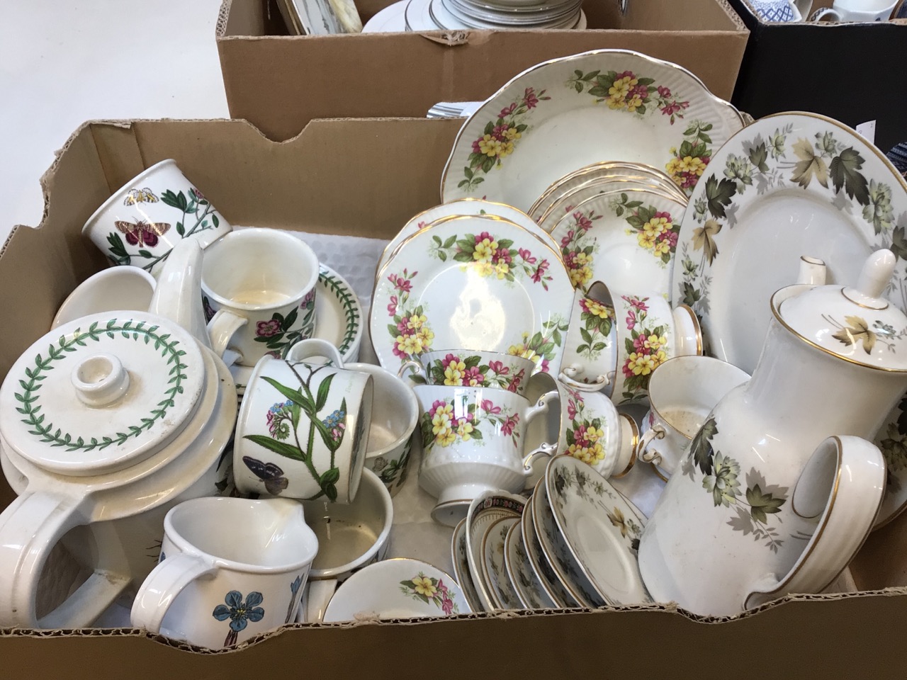 Three boxes of mixed tea sets including Portmeirion The Botanic Garden with teapot, Elizabethan part