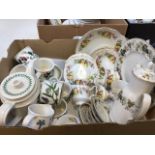 Three boxes of mixed tea sets including Portmeirion The Botanic Garden with teapot, Elizabethan part