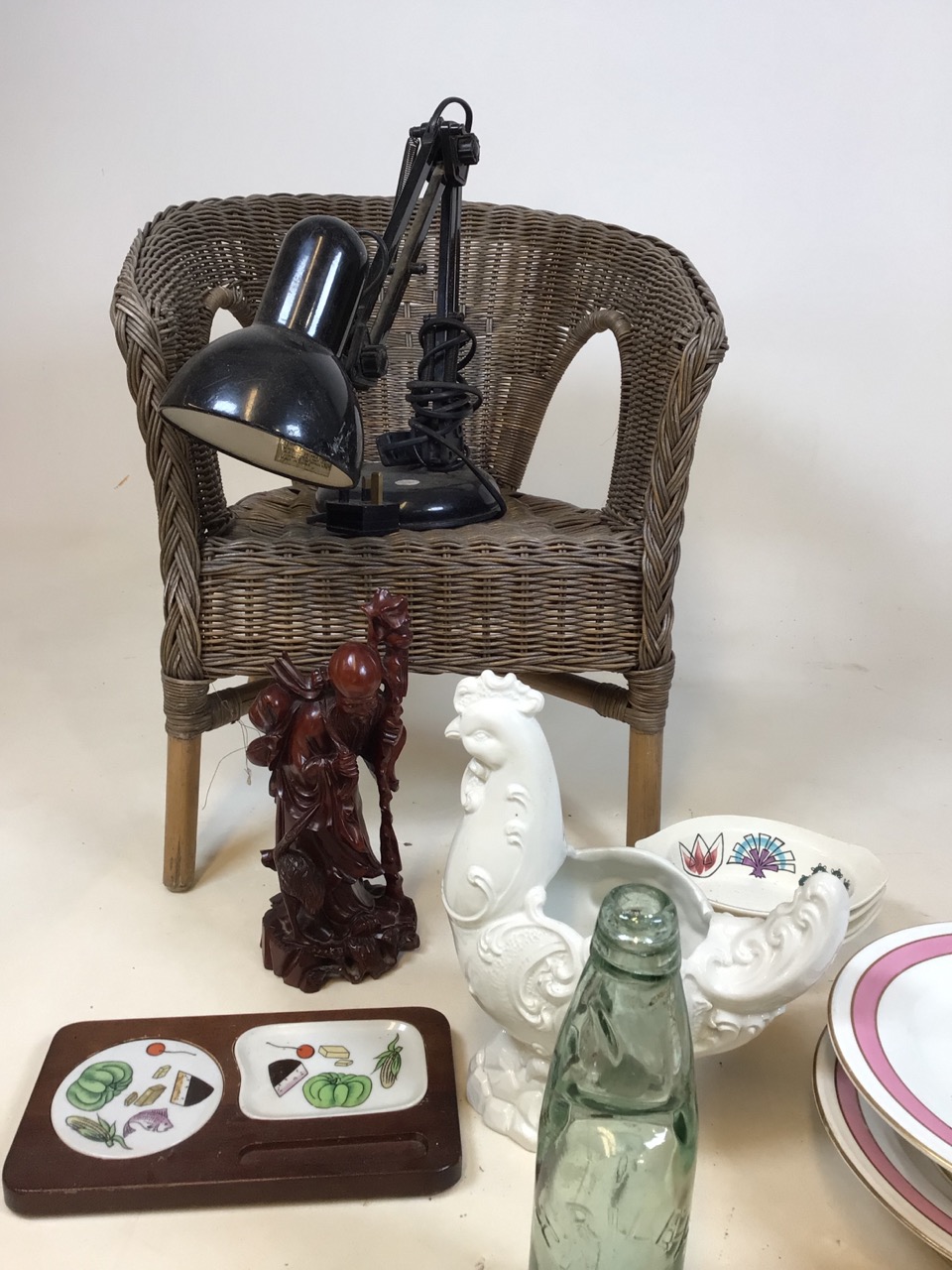 A childs wicker chair, a lamp, a Codd bottle, ceramics, a carved oriental figure - Image 4 of 4