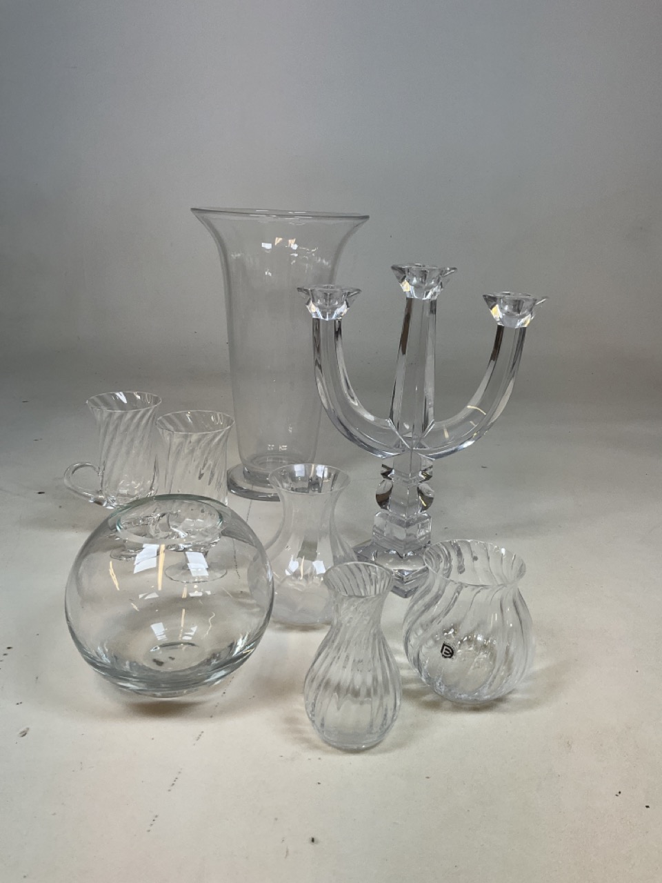 A quantity of glass including a candelabra, Dartington vases and a Boda Seafood platter